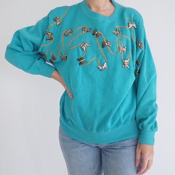 Vintage Cervelle Embellished Turquoise Knit Sweater Bead Butterfly L Whimsygoth - Picture 1 of 11